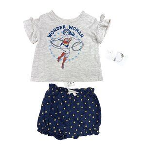 Wonder Woman Baby Girls Outfit NB Gray & Navy 2-Piece Set With Star Print Shorts